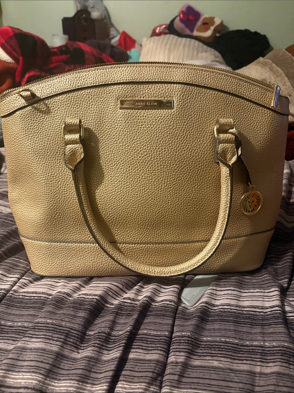 Anne Klein Metallic Gold Dome Satchel with Gold-Tone Accents
